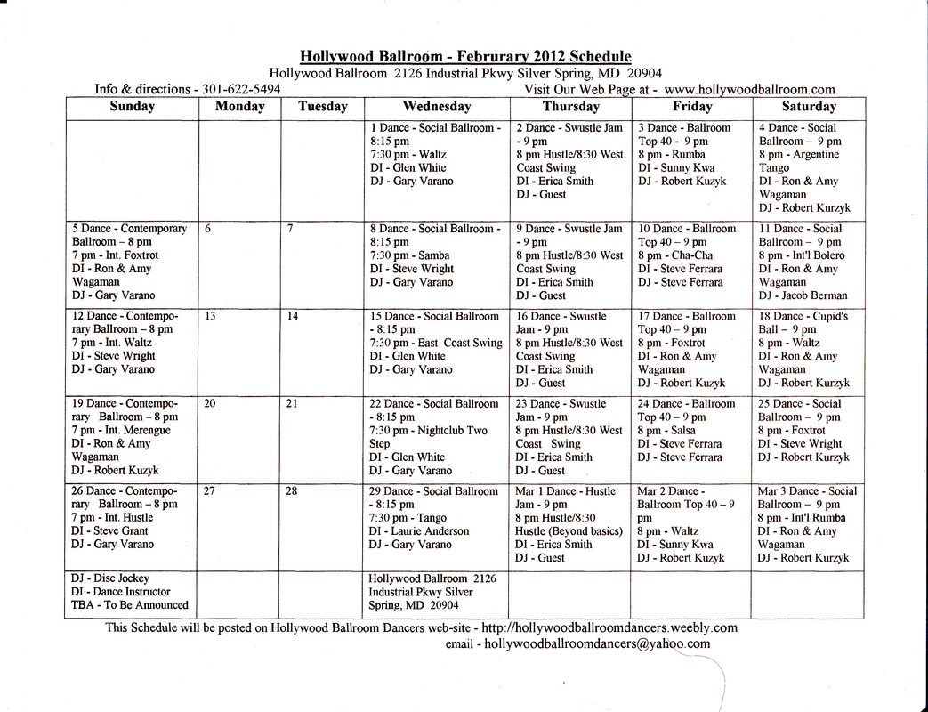 Schedule Feb., 2012 Hollywood Ballroom Dancers